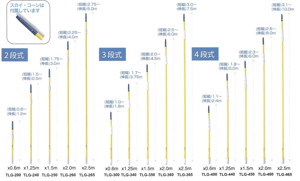 カーボングラスファイバーポール2段、3段、4段（アルミポールの48％も軽量）