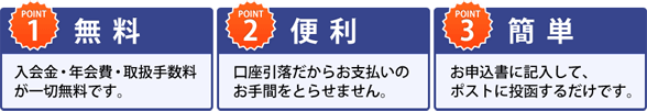 1無料：入会金・年会費・取扱手数料が一切無料です。　2便利：口座引落だからお支払いのお手間をとらせません。3簡単：申込書に記入して、ポストに投函するだけです。